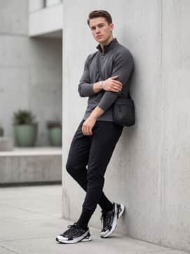 Ua Sola – Tapered black joggers and a sleek, fitted quarter-zip athletic pullover in a neutral grey, finished with silver jewelry to match the shoe's accents.