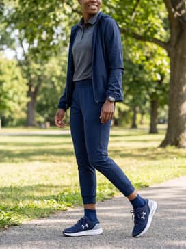 A smart-casual sporty vibe pairing slim-fit khaki chinos with a tucked-in light blue polo shirt and a matching navy windbreaker for a polished yet comfortable outdoor look.
