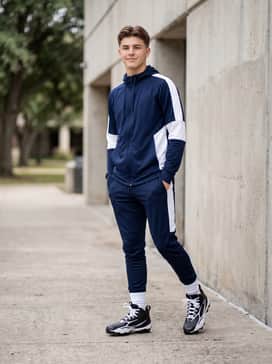 Ua Spotlight Hammer Jr Wide – A sleek navy blue and white polyester tracksuit with tapered joggers and a zip-up hoodie for pre-game warm-ups or travel.