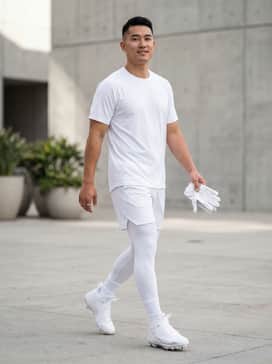 Ua Spotlight Mid – A full-white gameday uniform featuring white compression leggings and a fitted moisture-wicking jersey for a sleek, professional presence on the field.