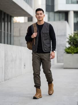 Ua Stellar Mid – A rugged ensemble featuring dark olive cargo pants, a fitted black thermal shirt, and a heavy-duty utility vest for a functional look.