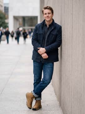 Ua Stellar Mid – Classic straight-leg raw denim jeans cuffed at the ankle, a charcoal flannel shirt, and a dark navy field jacket for a modern utility style.