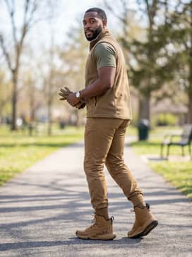 Ua Stellar Mid – Khaki tactical trousers paired with a moisture-wicking performance tee and a lightweight earth-toned fleece for outdoor expeditions.