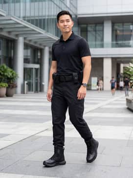 Dark charcoal ripstop cargo pants paired with a black moisture-wicking fitted polo and a tactical utility belt for a professional security aesthetic.