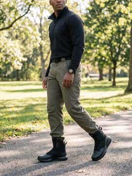 Olive drab tactical pants tucked into the boots, paired with a black quarter-zip performance fleece and a matching watch for an outdoor training ensemble.