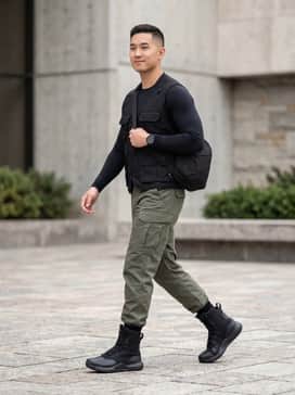Pair with olive green tactical cargo pants, a black moisture-wicking compression shirt, and a utility vest for a functional, professional look.