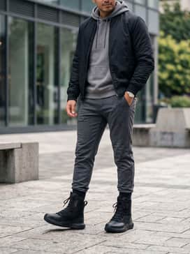 Ua Stellar Wide 4e – Style with dark charcoal tapered joggers, an oversized graphic hoodie in a neutral tone, and a sleek nylon bomber jacket for a modern streetwear aesthetic.