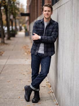 Match with heavy-duty indigo straight-leg jeans and a classic plaid flannel shirt layered over a thermal tee for a rugged weekend outfit.