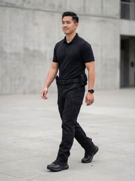 Ua Stellar Zip Waterproof – A professional tactical look featuring black ripstop cargo pants tucked into the boots, paired with a fitted moisture-wicking tactical polo and a functional utility belt.