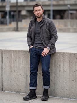 A rugged workwear-inspired outfit with heavy-duty straight-leg indigo denim, a charcoal grey thermal henley, and a canvas work jacket.