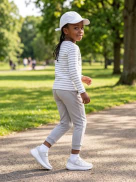 A modern casual vibe pairing charcoal grey jogger pants with a white cotton long-sleeve striped shirt and a matching baseball cap for a complete street-style aesthetic.
