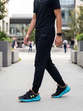 Ua Surge 4 – High-performance look featuring black moisture-wicking joggers and a neon lime green tech-tee to mirror the side logo.