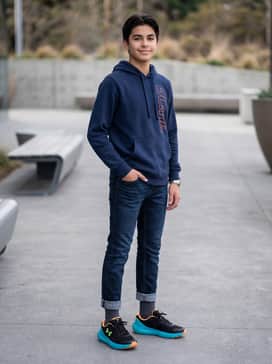 Casual school outfit with dark-wash tapered jeans and a navy blue hoodie that has orange graphic lettering.