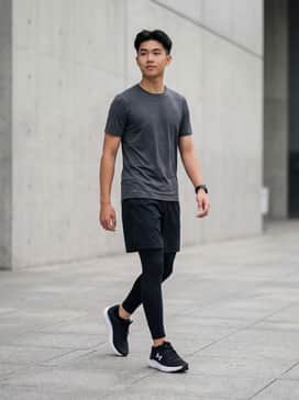 Ua Surge 4 – Performance Ready: Pair with black moisture-wicking compression leggings under grey athletic shorts, a fitted charcoal tech tee, and no-show socks for a focused gym session.