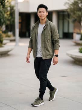 Ua Surge 4 Wide 4e – A pair of tapered black performance joggers, a light grey moisture-wicking tech tee, and an unzipped olive utility jacket to mirror the shoe's primary color.