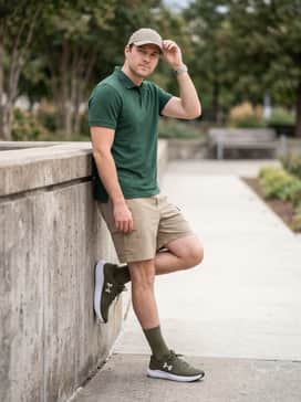 Ua Surge 4 Wide 4e – Khaki-colored cargo shorts paired with a breathable forest green polo shirt and a matching neutral baseball cap for a coordinated outdoor summer ensemble.