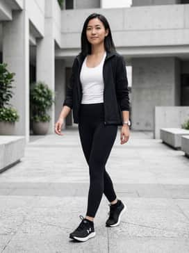 Ua Surge 4 Wide D – Athletic: High-waisted black performance leggings paired with a white moisture-wicking racerback tank and a lightweight black zip-up track jacket for a cohesive gym-ready look.