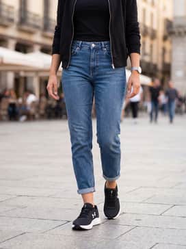 Streetwear: Tapered medium-wash denim jeans, an oversized white graphic t-shirt partially tucked, and a structured black bomber jacket for a trendy urban aesthetic.