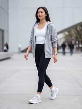 High-waisted black performance leggings paired with a white moisture-wicking tank top and an oversized heather grey zip-up hoodie for a classic gym-to-cafe look.
