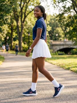 Ua Surge – A white pleated athletic skirt paired with a navy blue polo shirt and crew-length white socks for a classic, sporty aesthetic perfect for tennis or golf.