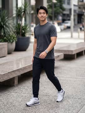 Pair with black lightweight tapered joggers, a moisture-wicking charcoal grey t-shirt, and a silver sports watch to complement the shoe's metallic accents.