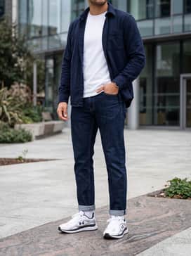 Style with straight-leg dark indigo denim jeans, a crisp white crew neck tee, and an unbuttoned navy flannel shirt for a clean, casual weekend look.
