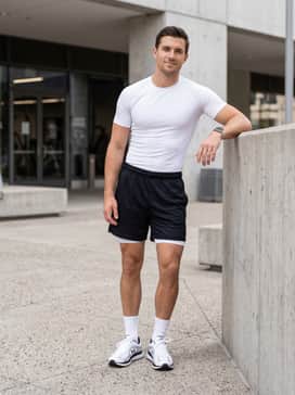 Combine with black mesh athletic shorts, a fitted white compression shirt, and high-performance white quarter socks for a dedicated gym ensemble.