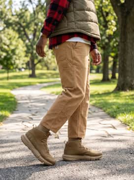 Carhartt-style tan canvas work pants paired with a red and black buffalo check flannel shirt over a white crewneck tee and a quilted olive puffer vest.