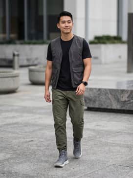 Ua Valsetz Mid – Olive green ripstop cargo pants tucked slightly into the boots, paired with a black fitted moisture-wicking tee and a utility vest for a functional, rugged outfit.