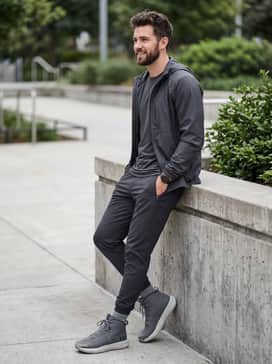 Ua Valsetz Mid – Black technical joggers with zippered pockets, a longline charcoal t-shirt, and a sleek waterproof windbreaker for a full techwear-inspired aesthetic.