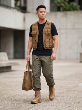 Ua Valsetz – A functional tactical look featuring olive drab ripstop cargo pants, a black moisture-wicking compression tee, and a matching coyote brown utility tactical vest.