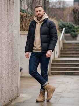 A rugged streetwear outfit with tapered dark-wash indigo jeans, an oversized sand-colored heavy-weight hoodie, and a matte black puffer jacket for cooler weather.