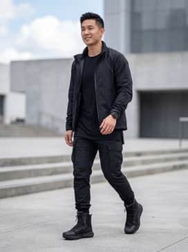 Ua Valsetz – Tapered black cargo joggers with multiple utility pockets, a longline moisture-wicking black t-shirt, and a technical windbreaker for a full techwear look.