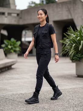 Ua Valsetz Tactical Womens Boots – Black slim-fit cargo joggers tucked into the boots, paired with a fitted technical base layer and a cropped utility vest for a functional, edgy look.