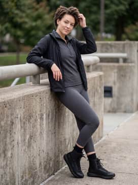 Ua Valsetz Tactical Womens Boots – High-waisted compression leggings in charcoal grey, a moisture-wicking quarter-zip pullover, and a sleek waterproof windbreaker for an active outdoor ensemble.