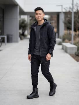 Ua Valsetz Waterproof Zip – A full techwear ensemble featuring black tapered cargo joggers with tactical straps, a charcoal grey long-line moisture-wicking t-shirt, and a matte black technical shell jacket for a futuristic urban look.