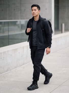 Ua Valsetz Wide 4e – A tactical-inspired look featuring black ripstop cargo pants, a charcoal moisture-wicking compression shirt, and a lightweight softshell jacket.