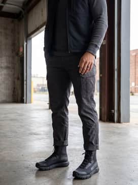 Ua Valsetz Wide 4e – A rugged weekend outfit consisting of dark indigo straight-leg jeans, a thick buffalo plaid flannel shirt, and a durable canvas work vest.