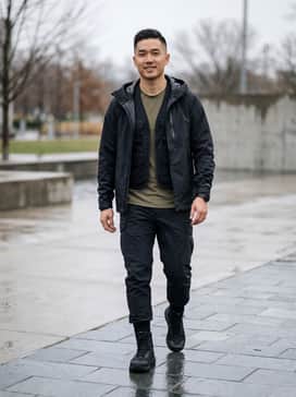 Black tapered cargo pants tucked into the boots, paired with a fitted olive drab moisture-wicking tactical t-shirt and a functional utility vest.