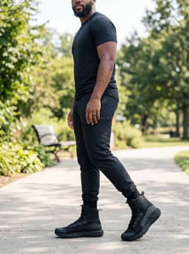 Slim-fit black technical joggers with zippered pockets, a sleek quarter-zip performance fleece, and a waterproof technical shell jacket for an athletic urban vibe.