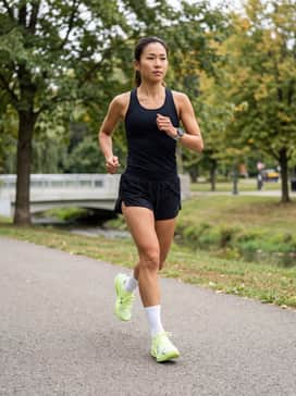 Race Day Focus: A sleek black moisture-wicking performance singlet paired with lightweight 3-inch split shorts and white compression socks for a professional racing silhouette.