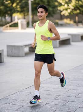 Ua Velociti Elite 3 – A professional racing kit featuring black aerodynamic split shorts, a moisture-wicking neon yellow singlet that echoes the midsole accents, and thin white compression socks.