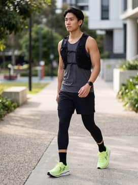 High-performance running gear: Pair these neon sneakers with black compression tights, a moisture-wicking charcoal grey singlet, and a lightweight running vest for an optimized athletic look.