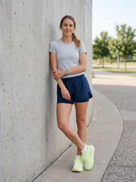 Navy blue performance running shorts with an integrated liner, worn with a fitted light grey technical tee and low-cut anti-blister running socks.