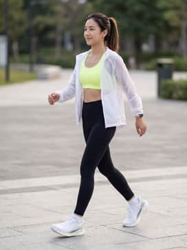 Ua Velociti Spd – High-waisted black compression leggings, a neon-yellow sports bra that echoes the shoe's accents, and a translucent white windbreaker for a cohesive morning run outfit.