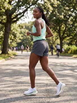 Graphite grey running shorts with a five-inch inseam, paired with a breathable mint-green racerback tank and no-show socks to keep the focus on the sneakers.