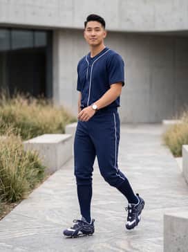 Ua Yard Icon Mt – A full team baseball uniform featuring navy blue piped white trousers, a matching navy jersey, and high-performance navy stirrup socks.