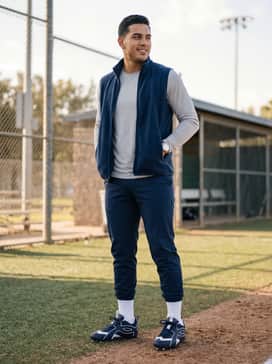 Ua Yard Icon Mt – For field-side warmups, pair with grey tapered tech-fleece joggers and a navy blue compression long-sleeve performance shirt.