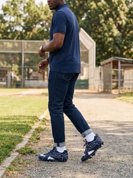 A post-game transition outfit featuring dark indigo tapered denim (off-field only) and a crisp navy polo shirt for a smart-athletic vibe.