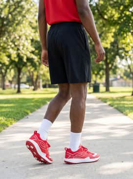 A dedicated training outfit with black athletic shorts, a perforated red training jersey, and white wristbands for a cohesive high-energy aesthetic.